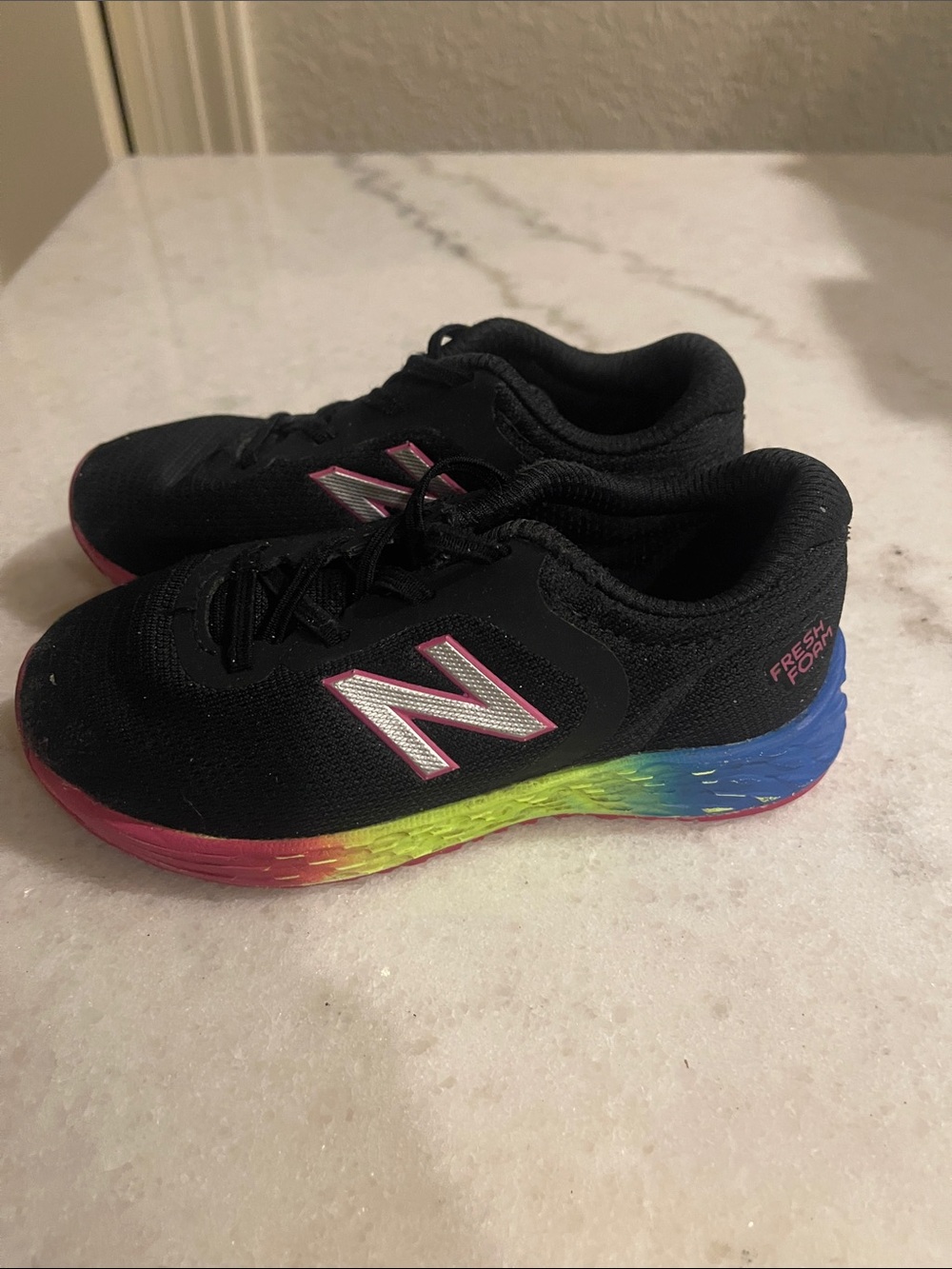Kids size 10 New Balance Kids Black Sneakers w/Pink Logo&Rainbow Midsole